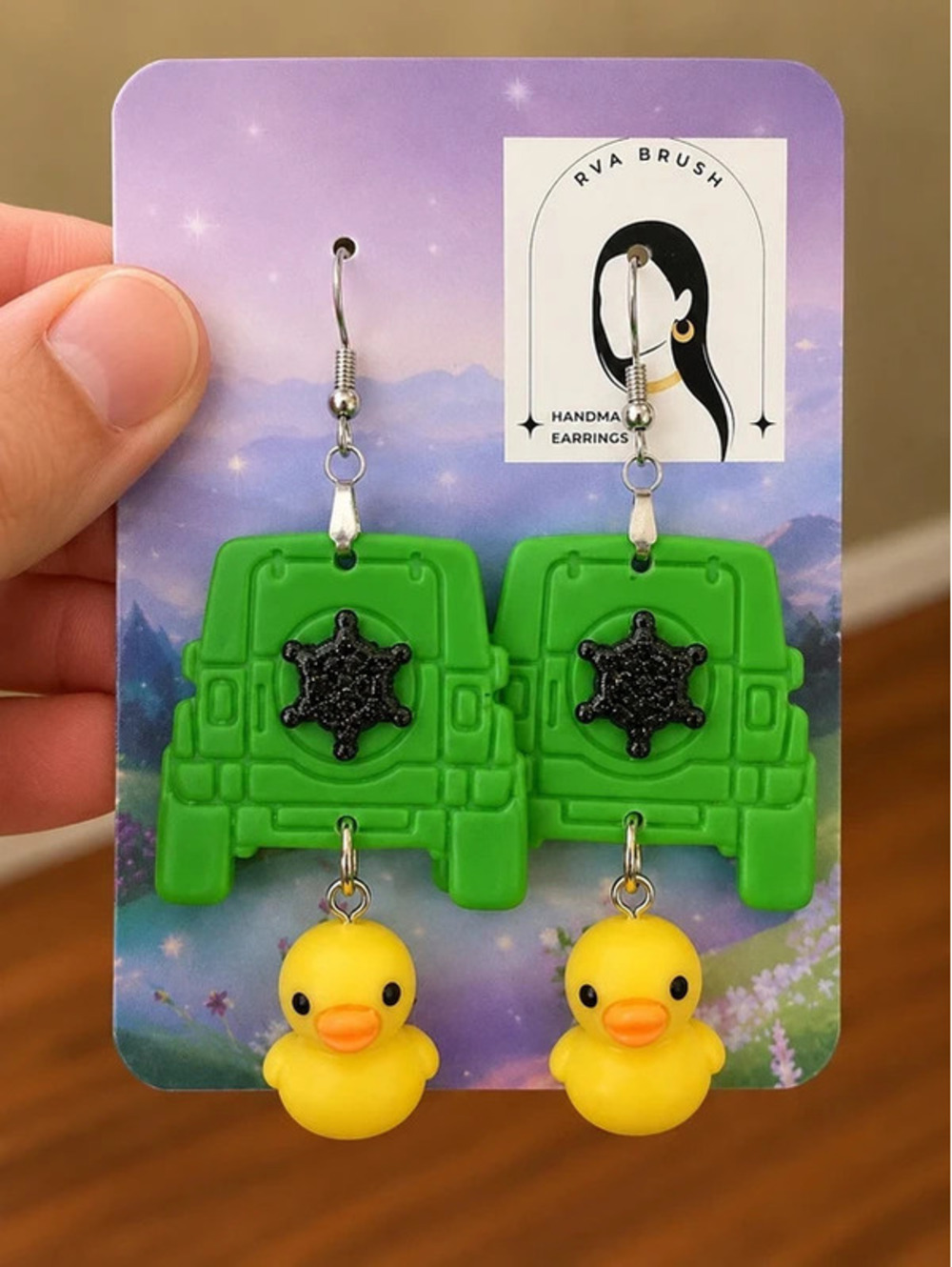 Handmade Dumpster Duck Dangle Earrings with Green Dumpster and Yellow Rubber Dck